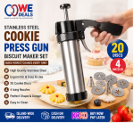 Stainless Steel Cookie Press Gun Set – 20 Cookie Discs & 4 Icing Nozzles
